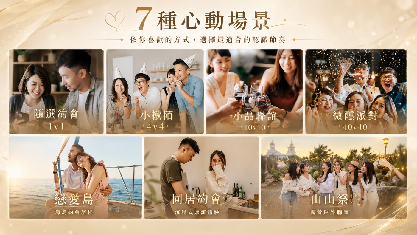 337 的 7 種心動場景：隨選約會、小揪陌、小品聯誼、微醺派對、戀愛島、同居約會、山山祭